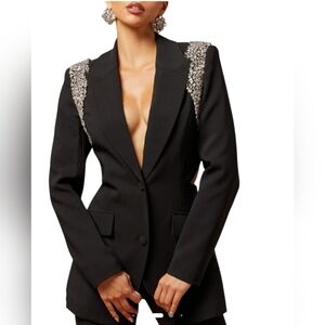 NWT Nova Luxe Claire Embellished Suit Set Black Sz L Blazer Wide Leg Pant